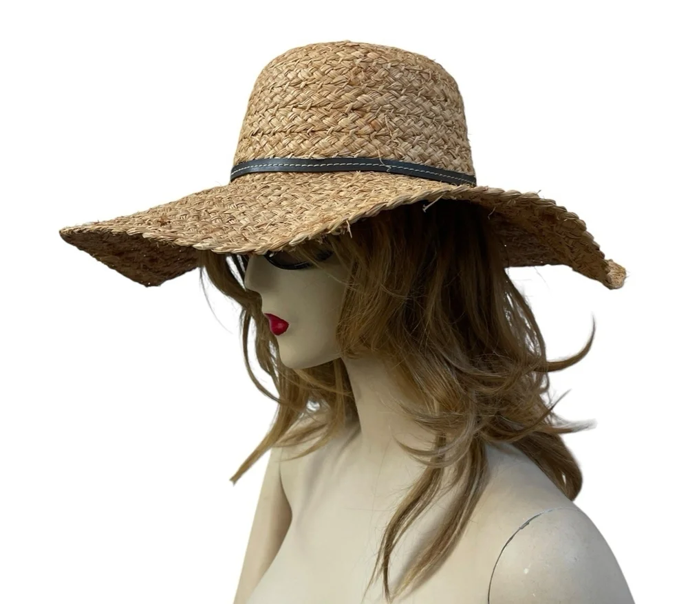 Nine West Wide Brim Raffia Floppy Sun Hat Natural Tan Dark Band Vintage VG